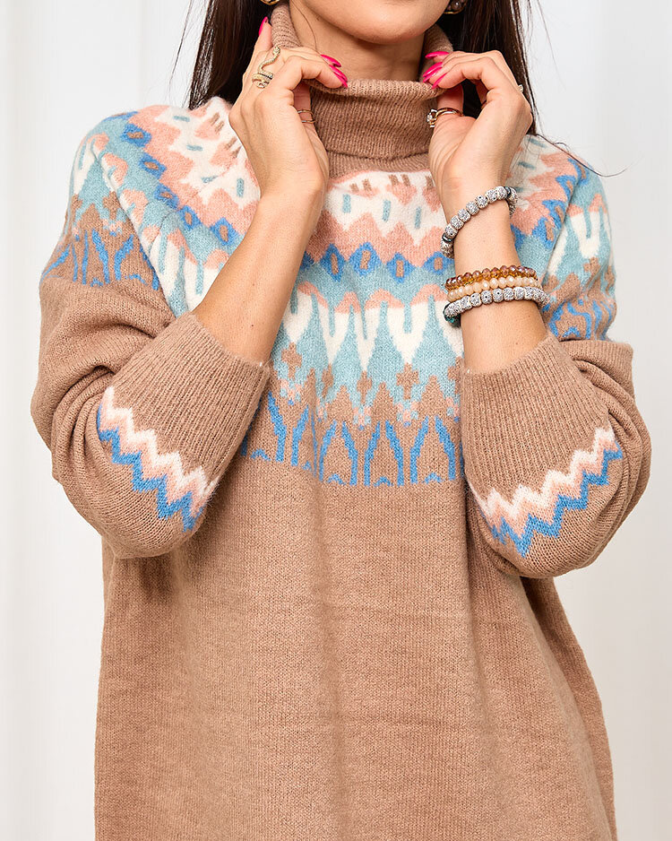 Royalfashion Кафява дамска рокля с пуловер, ролетка и принт