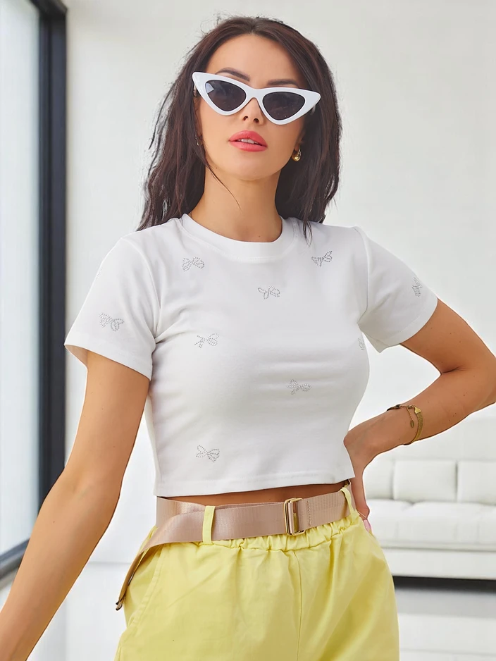 Royalfashion дамски памучен къс топ с камъни във форма на лък