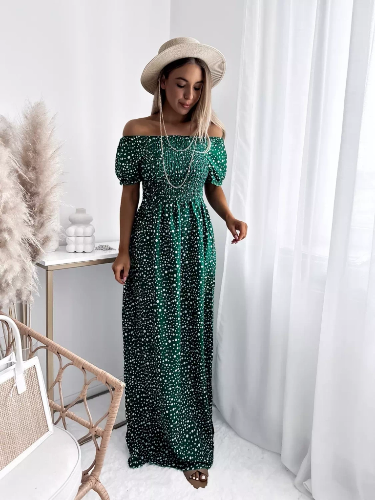 Зелена дамска макси рокля в грах- Облекло