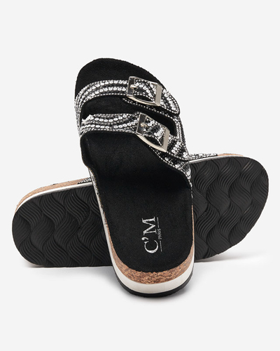 Klapki damskie z cyrkoniami w kolorze czarnym Laluda- Obuwie