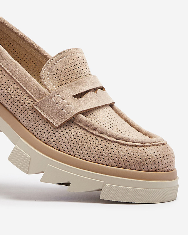 Светлокафяви дамски ажурни мокасини с масивна подметка Ejina - Обувки