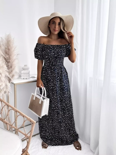 Морско синя дамска макси рокля с грах- Облекло