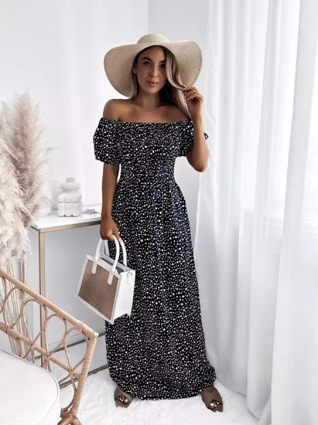 Морско синя дамска макси рокля с грах- Облекло