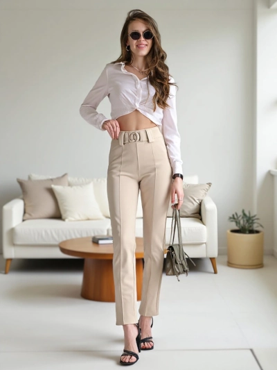 Дамски treggings от Royalfashion от памучен материал с плисета