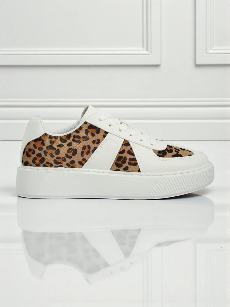 Дамски сникърси Calista Leopardia – Бели Еко кожа Текстил Пролет 4см