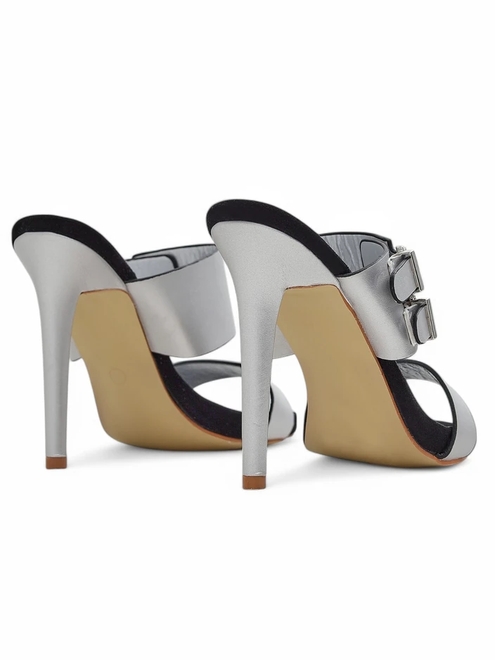 Сандали Aletheia сребърни на ток 12см екологична кожа с каишки