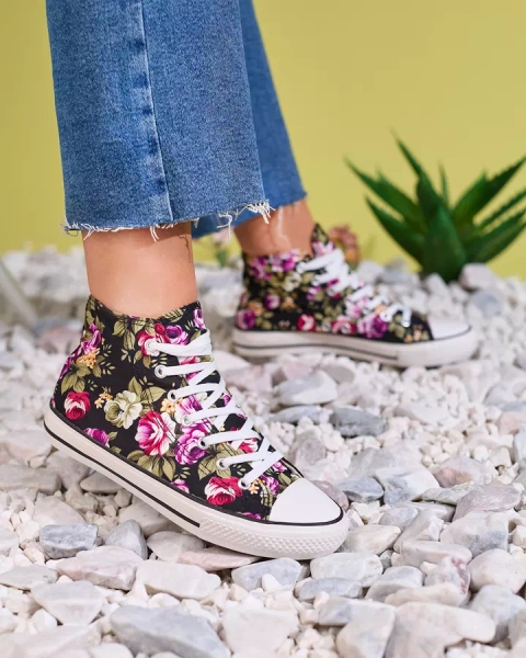 Royalfashion Дамски високи черни маратонки с флорален десен Soxic