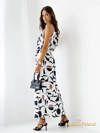 Royalfashion Дамска миди рокля с презрамки, с колан на геометричен десен