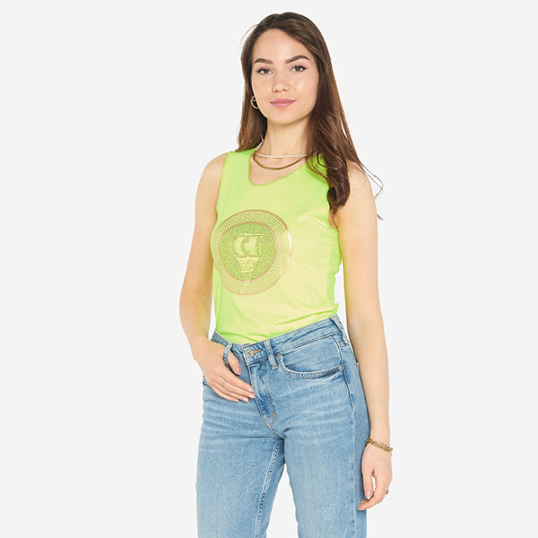 Żółta neonowa bluzka na ramiączkach z printem i cyrkoniami - Odzież