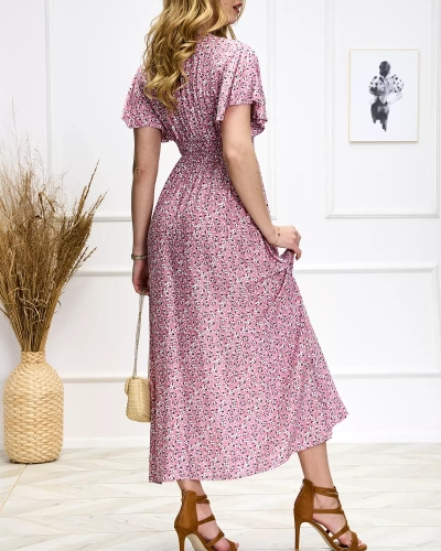 Дамска флорална розова миди рокля - Облекло
