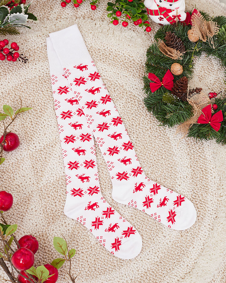 Royalfashion Дамски коледни чорапи над коляното в бяло