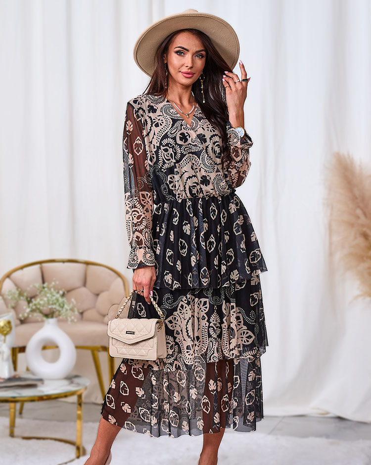 Royalfashion Черно-бежова мрежеста миди рокля с принт