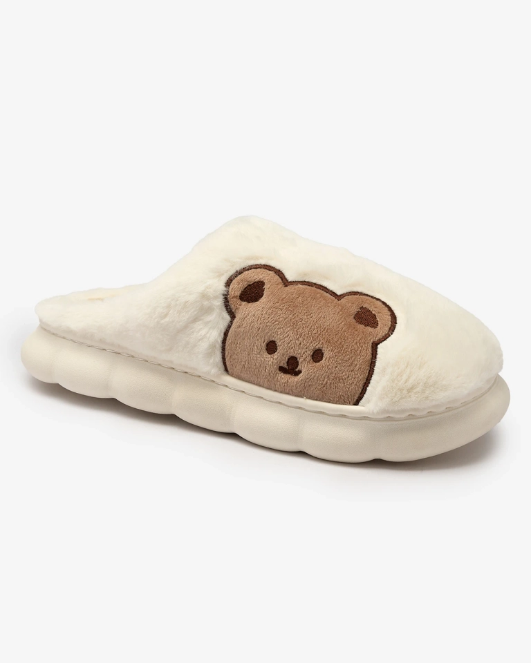 Royalfashion Бели дамски чехли от естествена кожа с плюшено мече Hettres