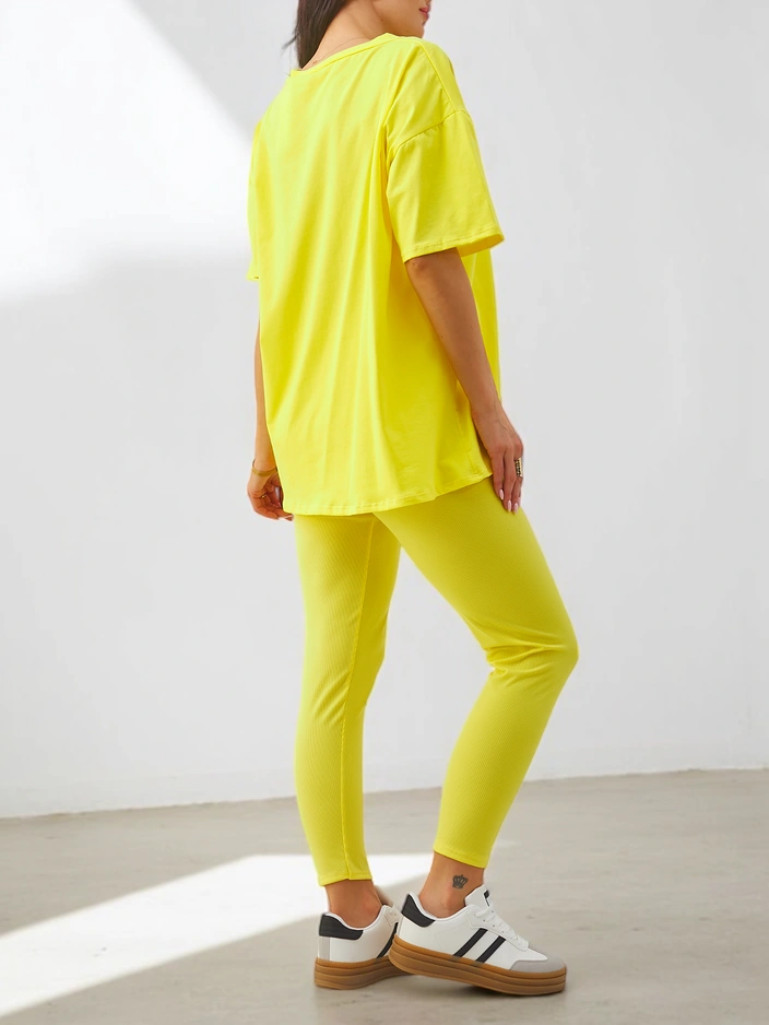 Royalfashion Памучен комплект за жени с къси ръкави и легинси