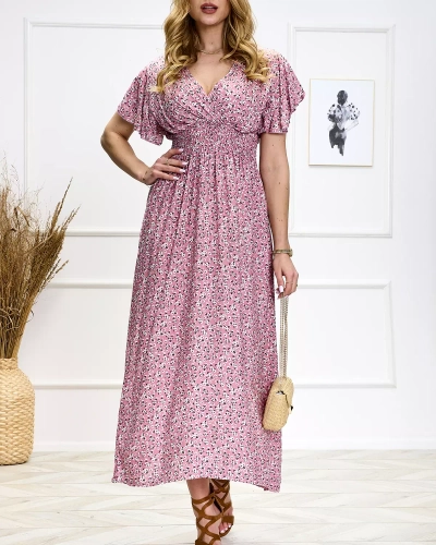 Дамска флорална розова миди рокля - Облекло