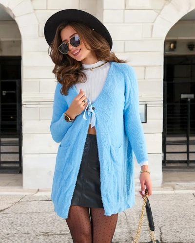 Niebieski damski miękki długi sweter narzutka - Odzież