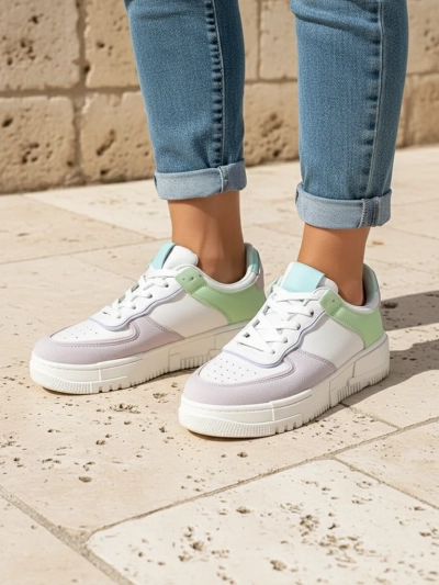 Дамски сникърси Lycaste бежови от екологична кожа на равна подметка