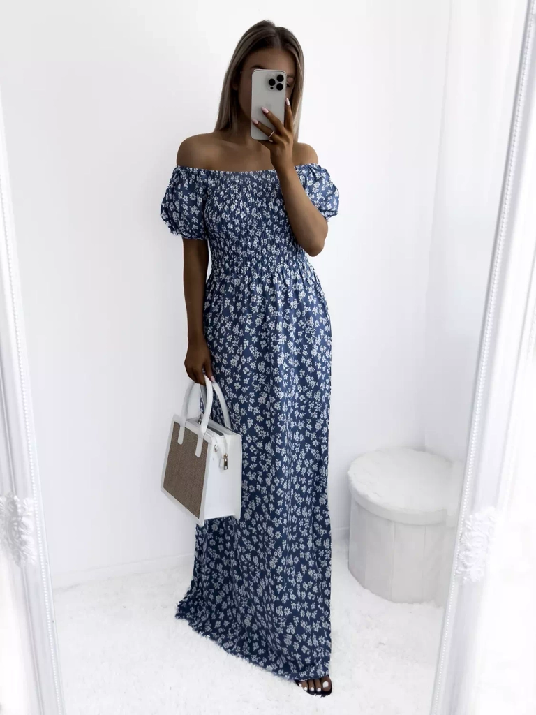 Синя дамска макси рокля с флорален десен - Облекло