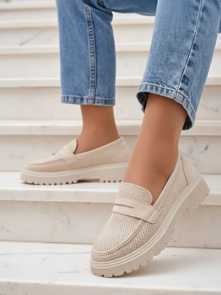 Дамски лоуфъри Callista бежови, екологична кожа, плосък ток 4 см