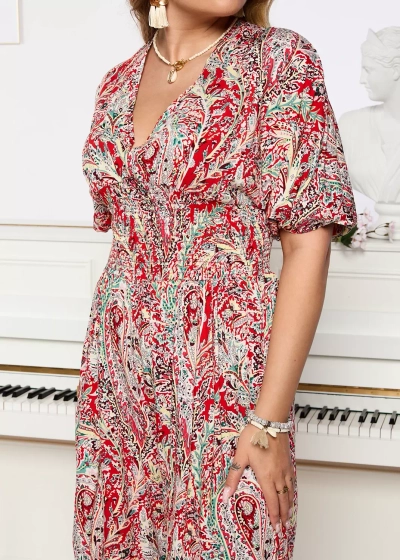 Дамски шарен гащеризон в червено - Облекло