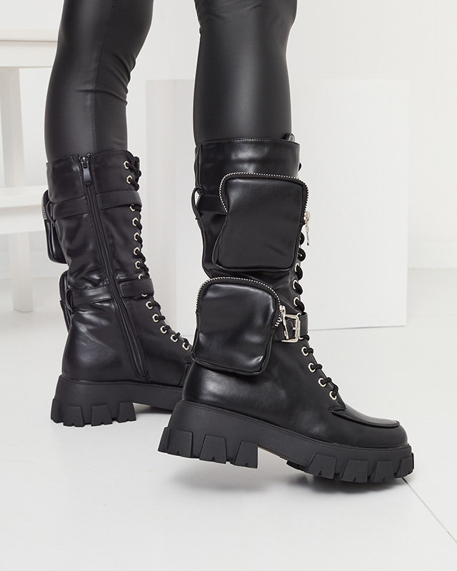 Черни работни ботуши с декоративни торбички в горната част Sello- Footwear