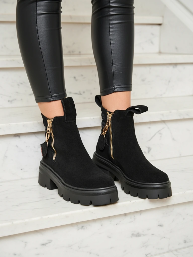 Royalfashion Дамски ботуши от еко велур в черно Refaset
