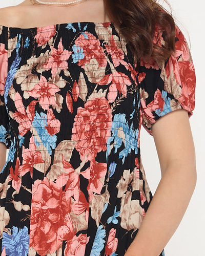 Czarna damska sukienka mini w kwiaty - Odzież