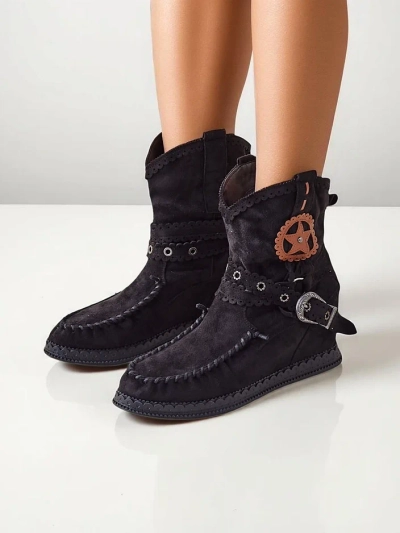 Royalfashion Жени боти до глезена на нисък клин Indianas