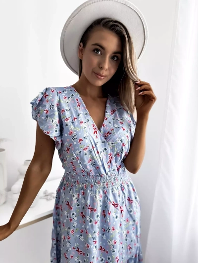 Royalfashion Синя дамска мини рокля с флорален мотив