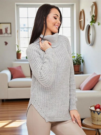 Royalfashion Светлосив дамски пуловер с ролка