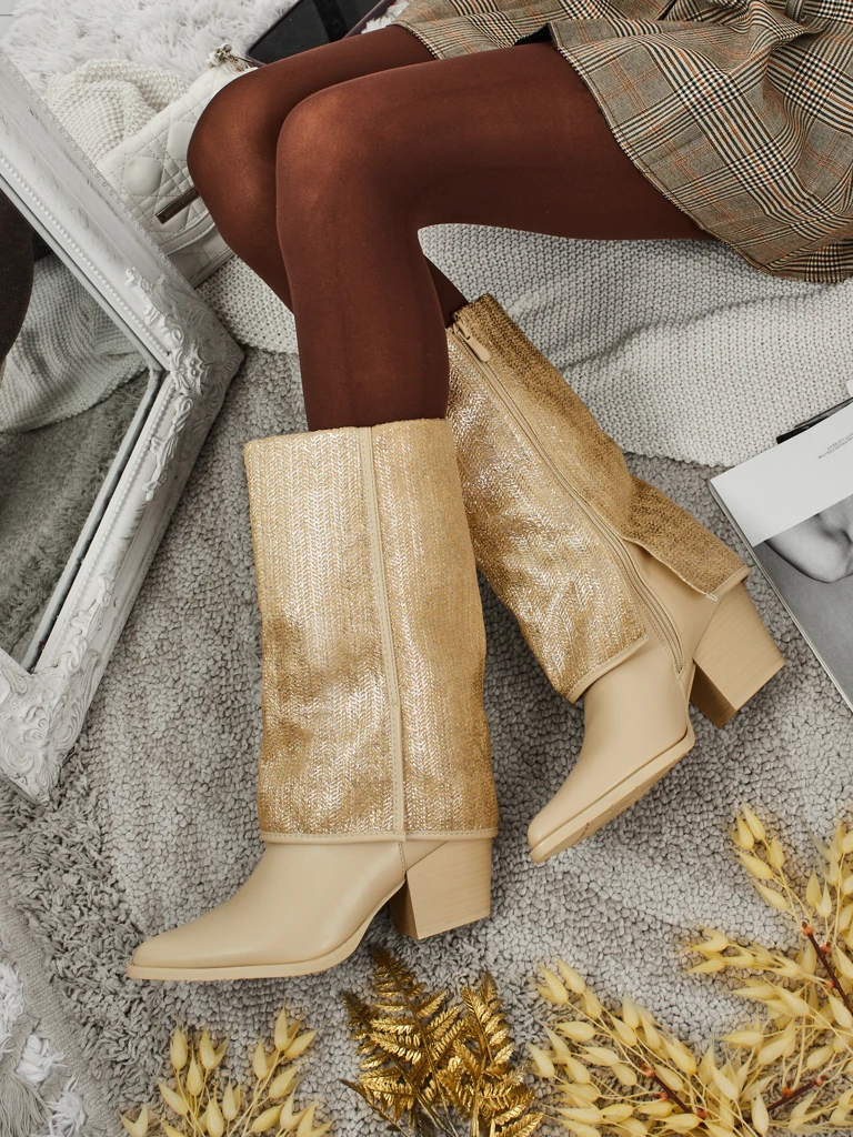 Дамски еко кожени боти на ток с декоративна горна част Virelia