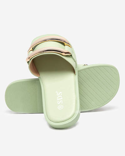 Zielone damskie klapki z dużą złotą ozdobą Kedino - Obuwie