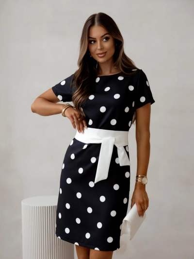 Рокля до коляното Royalfashion за жени с къси ръкави и панделка на точки