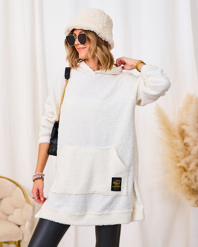 Royalfashion Кремав дълъг дамски пуловер с качулка