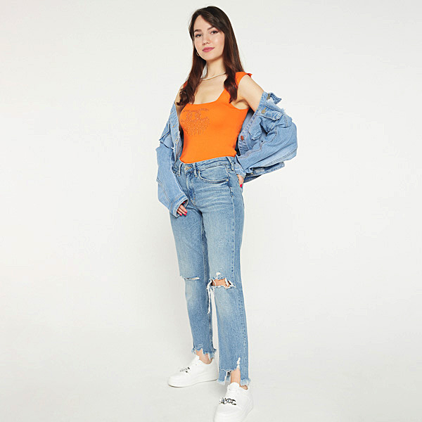 Pomarańczowy damski top z cyrkoniami - Odzież