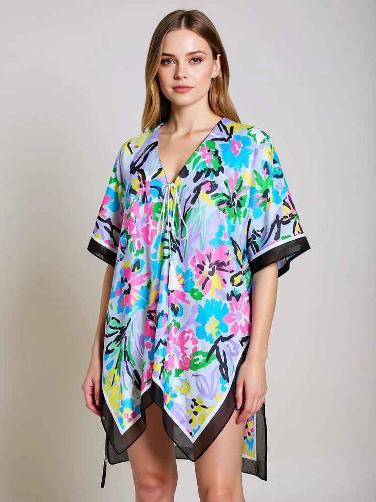 Парео Royalfashion Kalista – цветна плажна рокля до коленете с V-образно деколте
