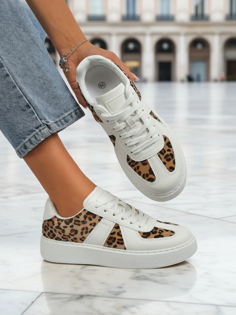 Дамски сникърси Calista Leopardia – Бели Еко кожа Текстил Пролет 4см