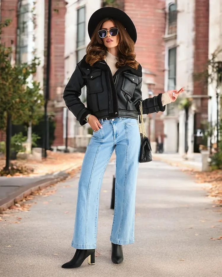 Royalfashion Дамско еко кожено яке с косъм в черен цвят