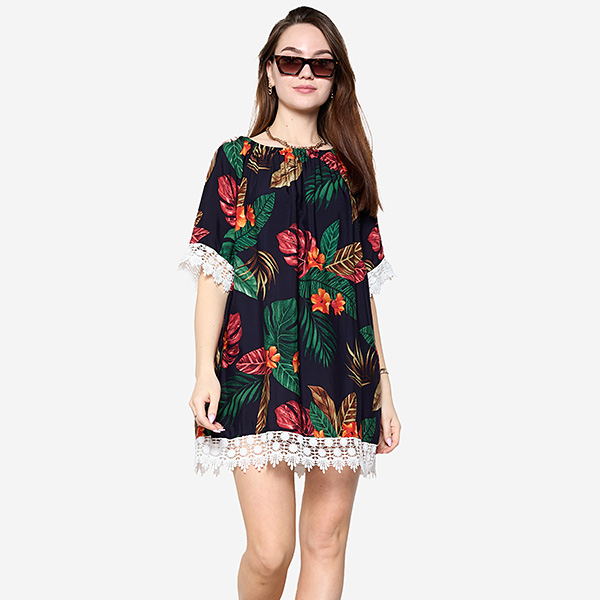 Granatowa tunika damska w kwiatki - Odzież