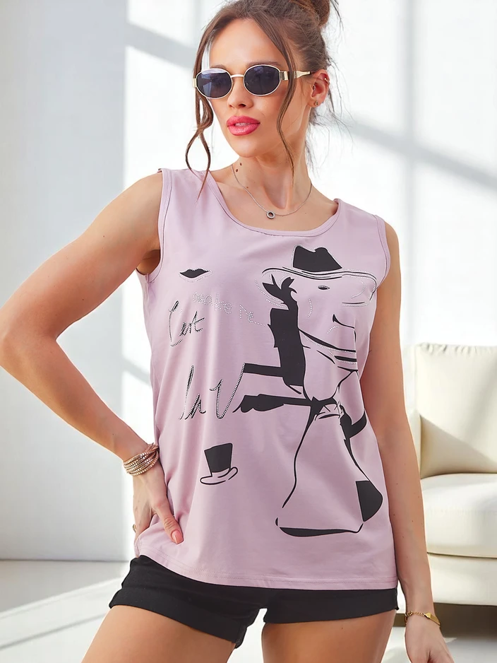 Royalfashion Жена памучна без ръкави блуза с принт и стрази