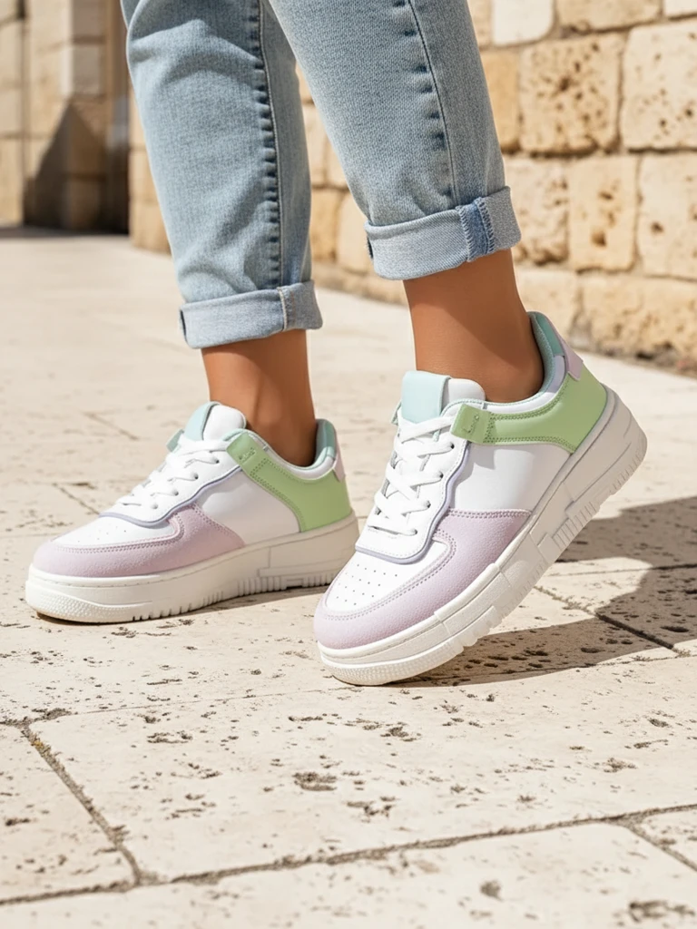 Дамски сникърси Lycaste бежови от екологична кожа на равна подметка