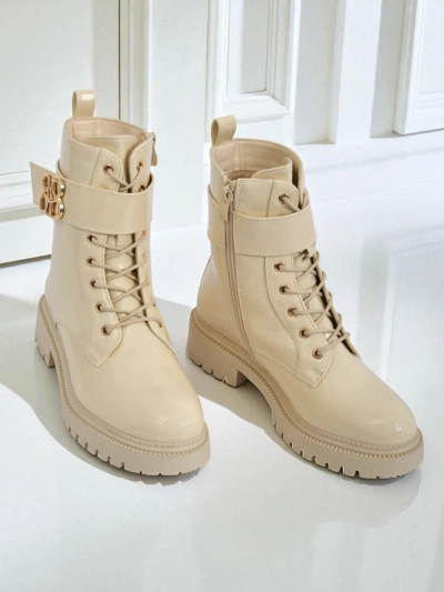 Бежови боти Ariadne от екологична кожа със цип, заоблен нос стилни