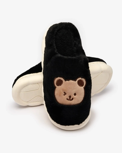 Royalfashion Черни дамски чехли от естествена кожа с плюшено мече Hettres