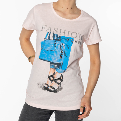 Pudrowa damska koszulka z nadrukiem - Odzież