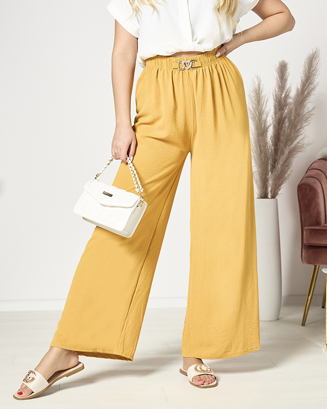 Дамски широки панталони палацо в цвят горчица - Облекло