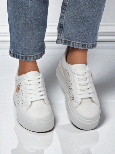 Дамски сникърси Aelia Royalfashion на платформа бели ажурни екрю