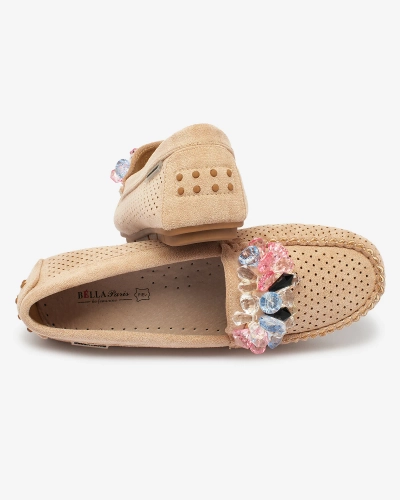 Royalfashion Ажурни светлокафяви дамски мокасини с декоративни кристали Cizzas