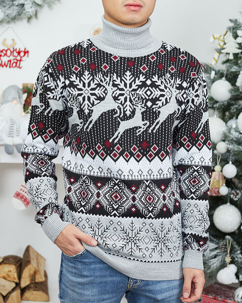 Royalfashion Коледен мъжки пуловер с жартиери в сиво