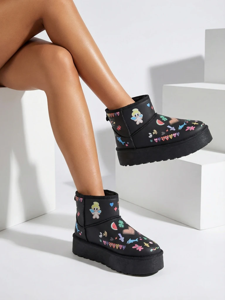 Ройалфешън Къси ботуши за жени в снежен ботуш стил с надписи Ханага