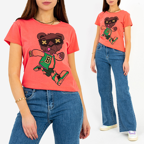 Damska koralowa koszulka z nadrukiem - Odzież